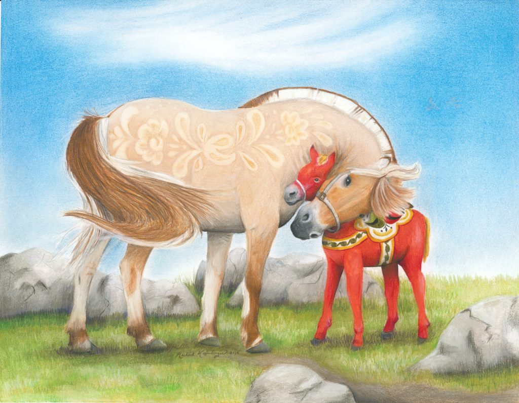 Rodblakk Norwegian fjord horse mare hugs her red dala horse foal