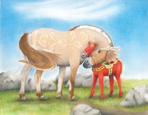 Rodblakk Norwegian fjord horse mare hugs her red dala horse foal