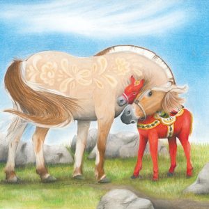 Rodblakk Norwegian fjord horse mare hugs her red dala horse foal