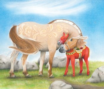 Rodblakk Norwegian fjord horse mare hugs her red dala horse foal