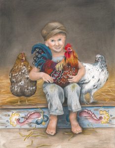 little boy in vintage overalls holds a Swedish Dala Rooster with two speckled hens looking on