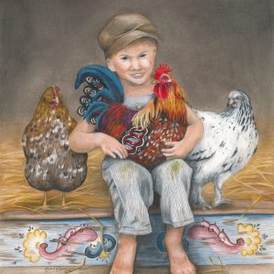 little boy in vintage overalls holds a Swedish Dala Rooster with two speckled hens looking on