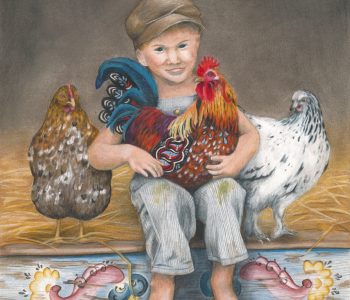 little boy in vintage overalls holds a Swedish Dala Rooster with two speckled hens looking on