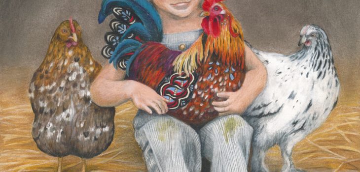 little boy in vintage overalls holds a Swedish Dala Rooster with two speckled hens looking on