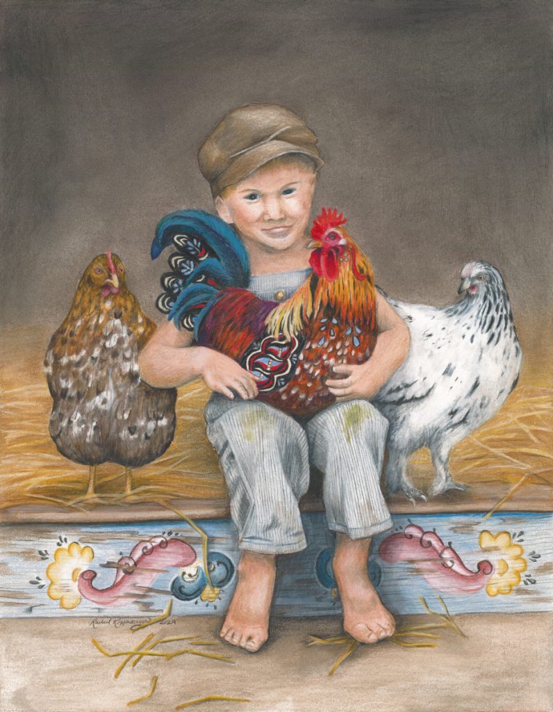 little boy in vintage overalls holds a Swedish Dala Rooster with two speckled hens looking on