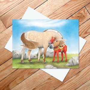 Greeting card of a rosemaled red fjord horse mare hugging a Dala horse foal