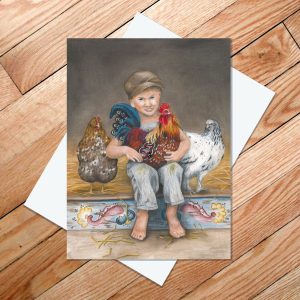 Greeting card of little boy holding a Swedish Dala rooster, with hens around him
