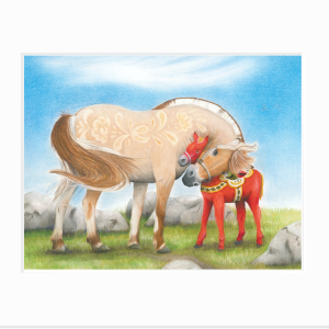 matted giclee print of Fjord Horse mare with Swedish kurbits design hugging a Dala horse foal
