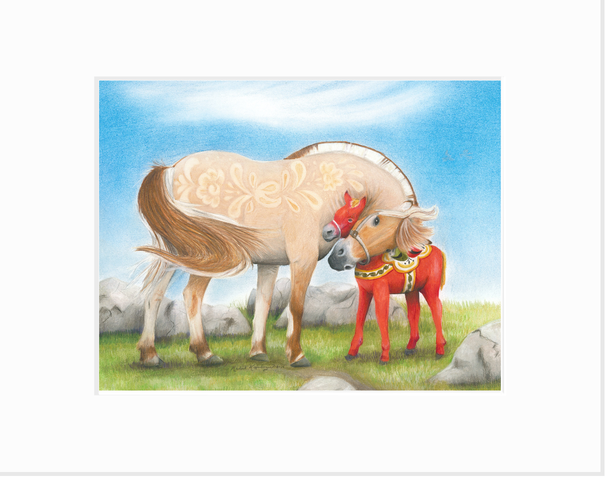 matted giclee print of Fjord Horse mare with Swedish kurbits design hugging a Dala horse foal