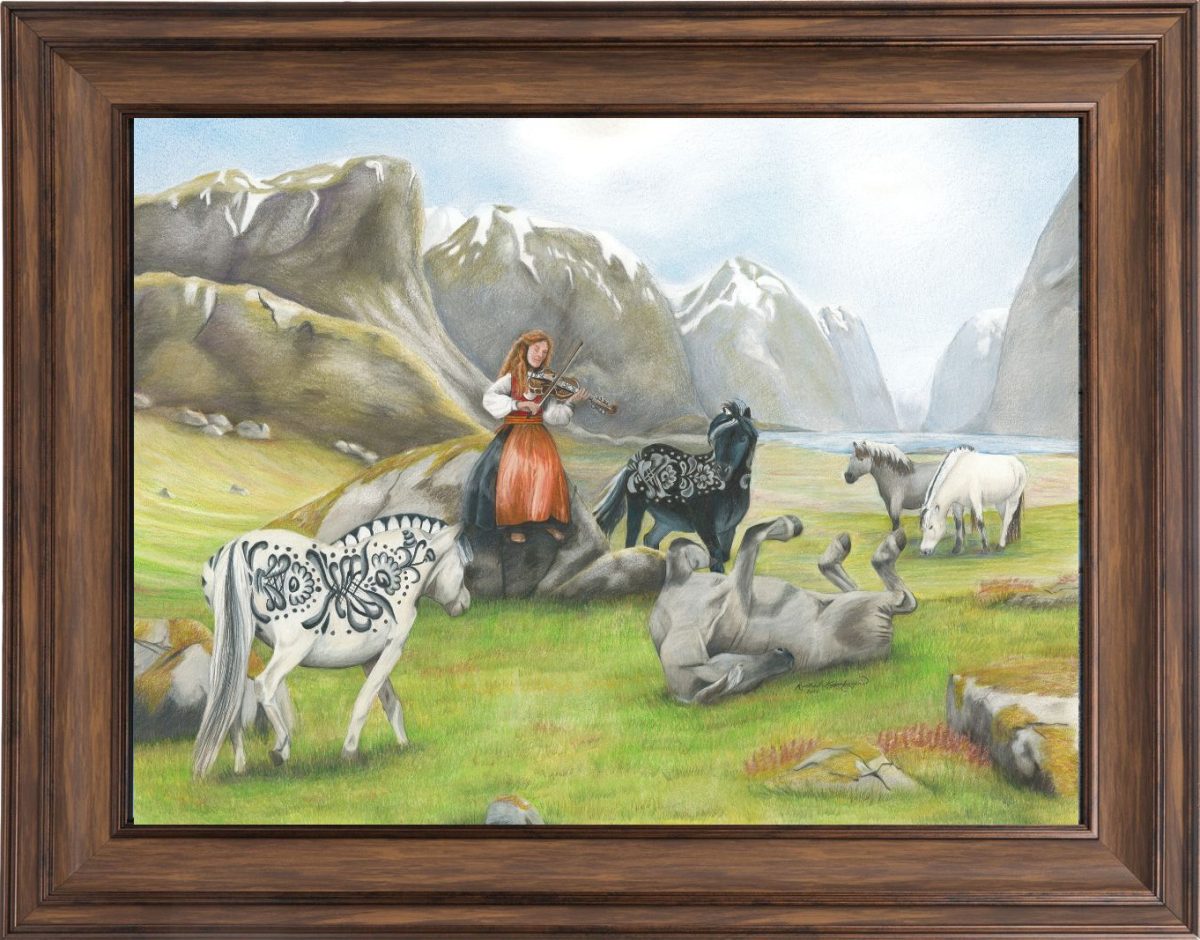 Framed original colored pencil drawing of Dala Horse Serenade