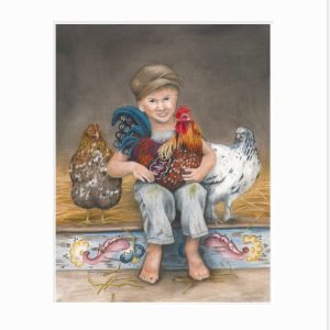 Giclee print of little boy holding a Dala rooster, with two hens flanking him