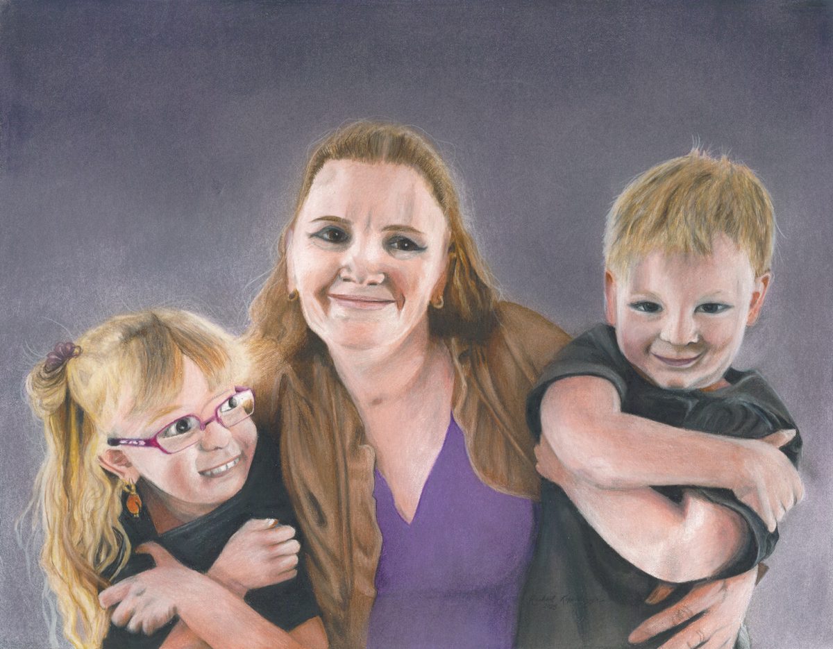 Colored pencil portrait of mom and kids