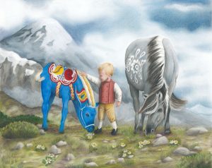 Little boy tentatively pets a blue dala horse foal, while the gray Norwegian fjord horse mare grazes nearby