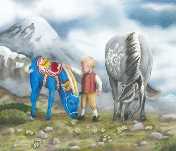 Little boy tentatively pets a blue dala horse foal, while the gray Norwegian fjord horse mare grazes nearby