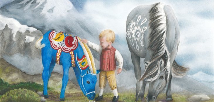 Little boy tentatively pets a blue dala horse foal, while the gray Norwegian fjord horse mare grazes nearby