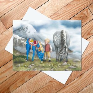 Greeting card of a little boy petting a blue Dala horse foal