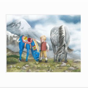 A little boy tentatively pets a blue Dala horse foal while the gray Norwegian Fjord horse mare grazes nearby