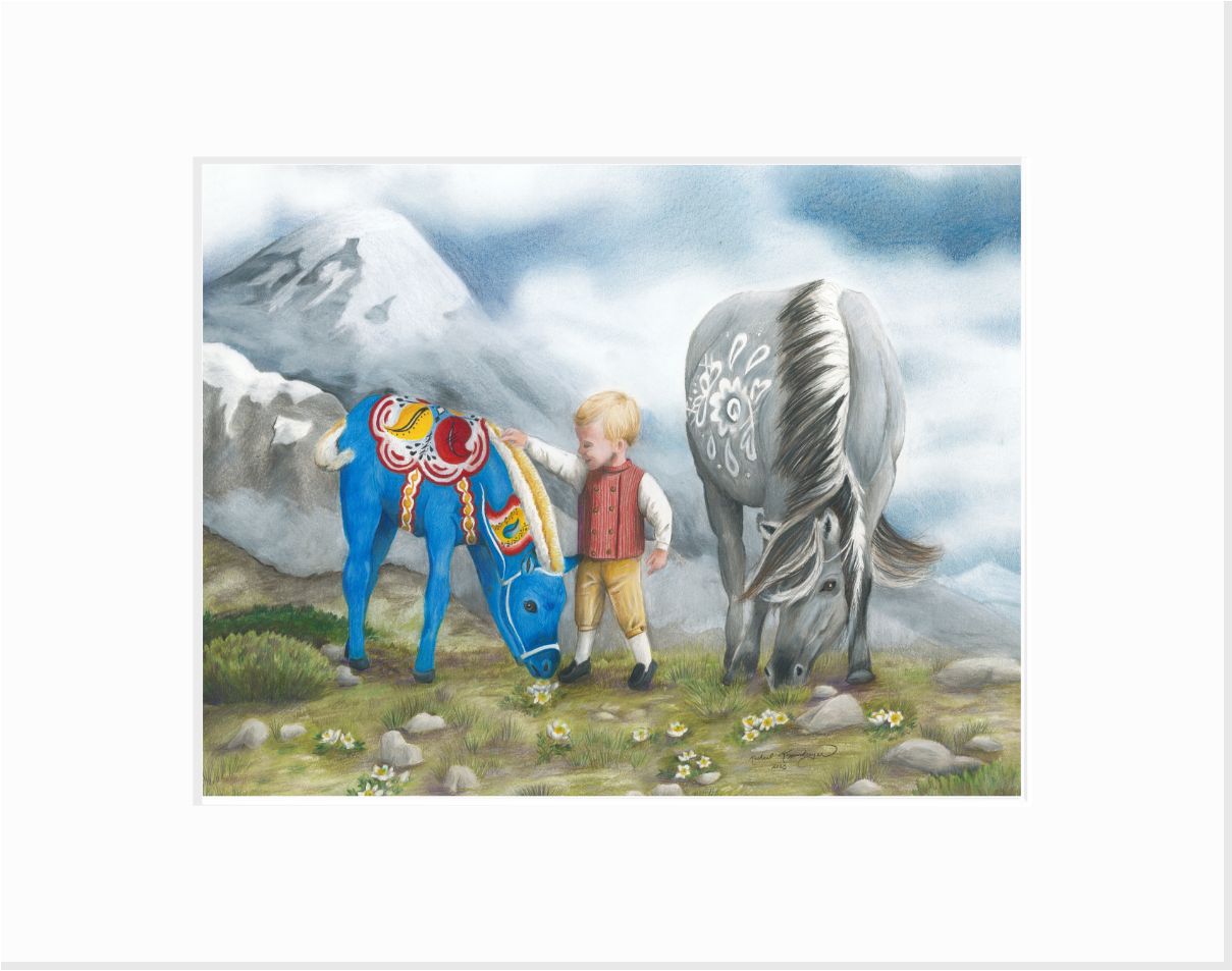 A little boy tentatively pets a blue Dala horse foal while the gray Norwegian Fjord horse mare grazes nearby