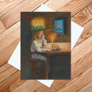 Greeting card of a little St Lucia eating buns by candle light