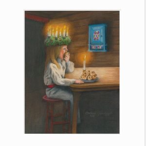 Giclee print of a little St Lucia eating buns by candle light