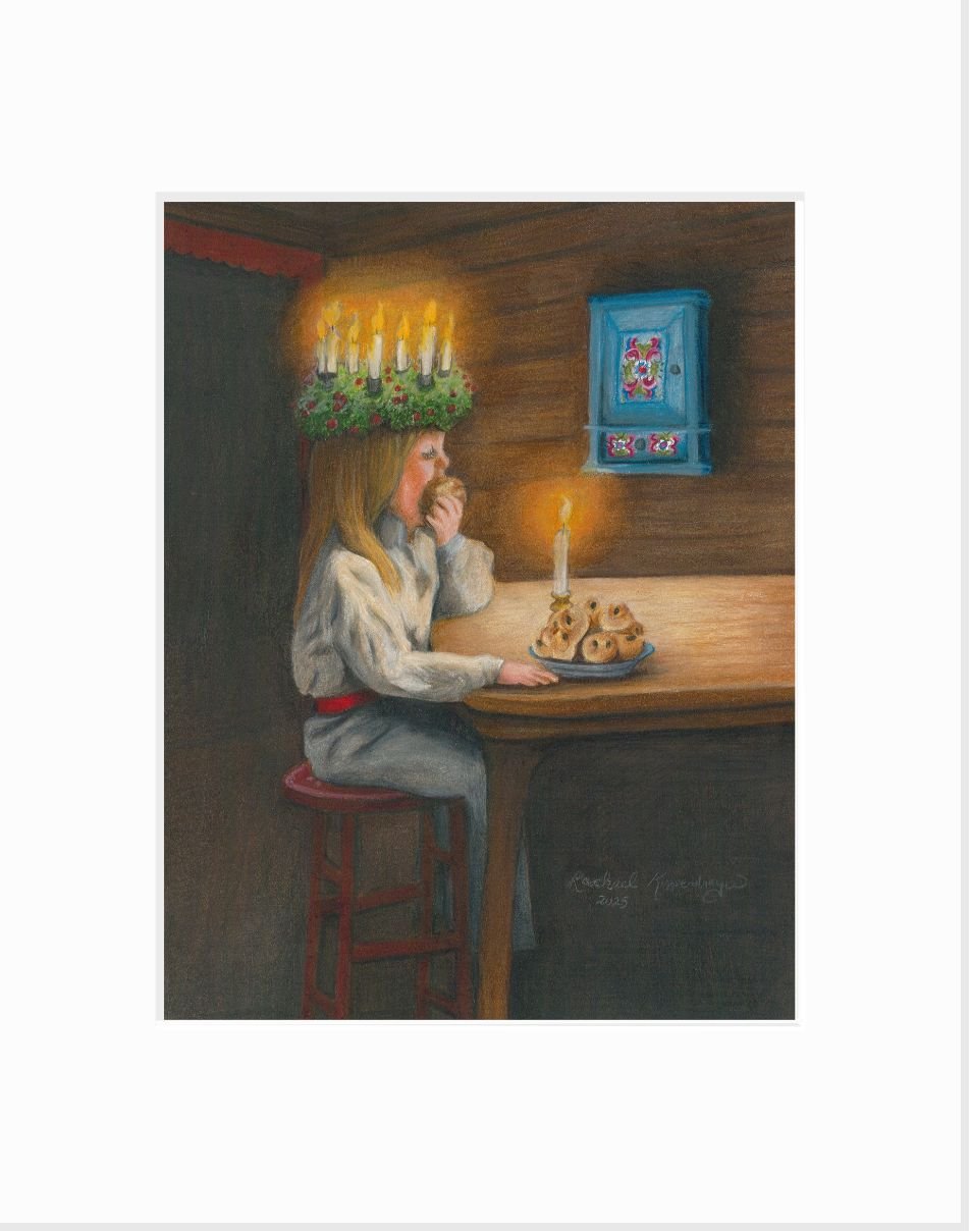Giclee print of a little St Lucia eating buns by candle light