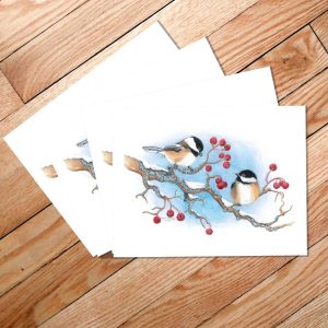 stack of small greeting cards with chickadees