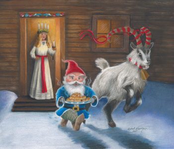 The Tomte and Yule Goat run away with a plate of St Lucia buns, while St Lucia peers out the doorway