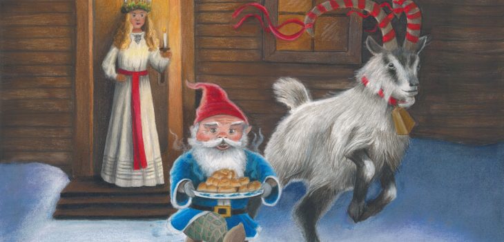 The Tomte and Yule Goat run away with a plate of St Lucia buns, while St Lucia peers out the doorway