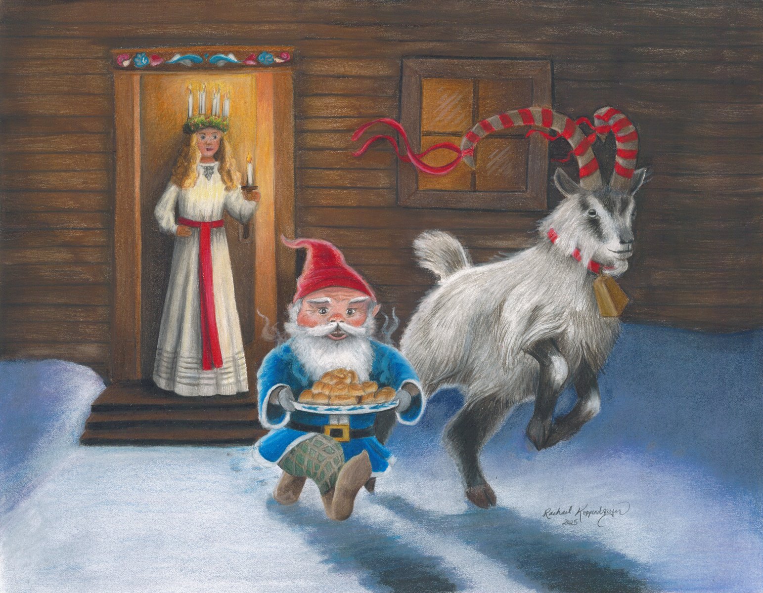 The Tomte and Yule Goat run away with a plate of St Lucia buns, while St Lucia peers out the doorway