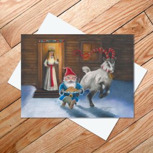 Greeting card of Tomte and Yule goat stealing a plate of buns from St Lucia