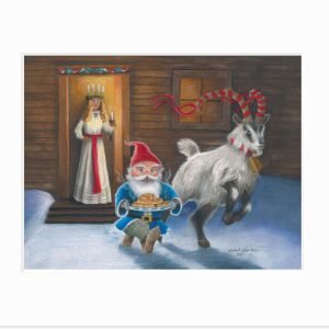 Giclee print of Tomte and Yule Goat stealing buns from St Lucia
