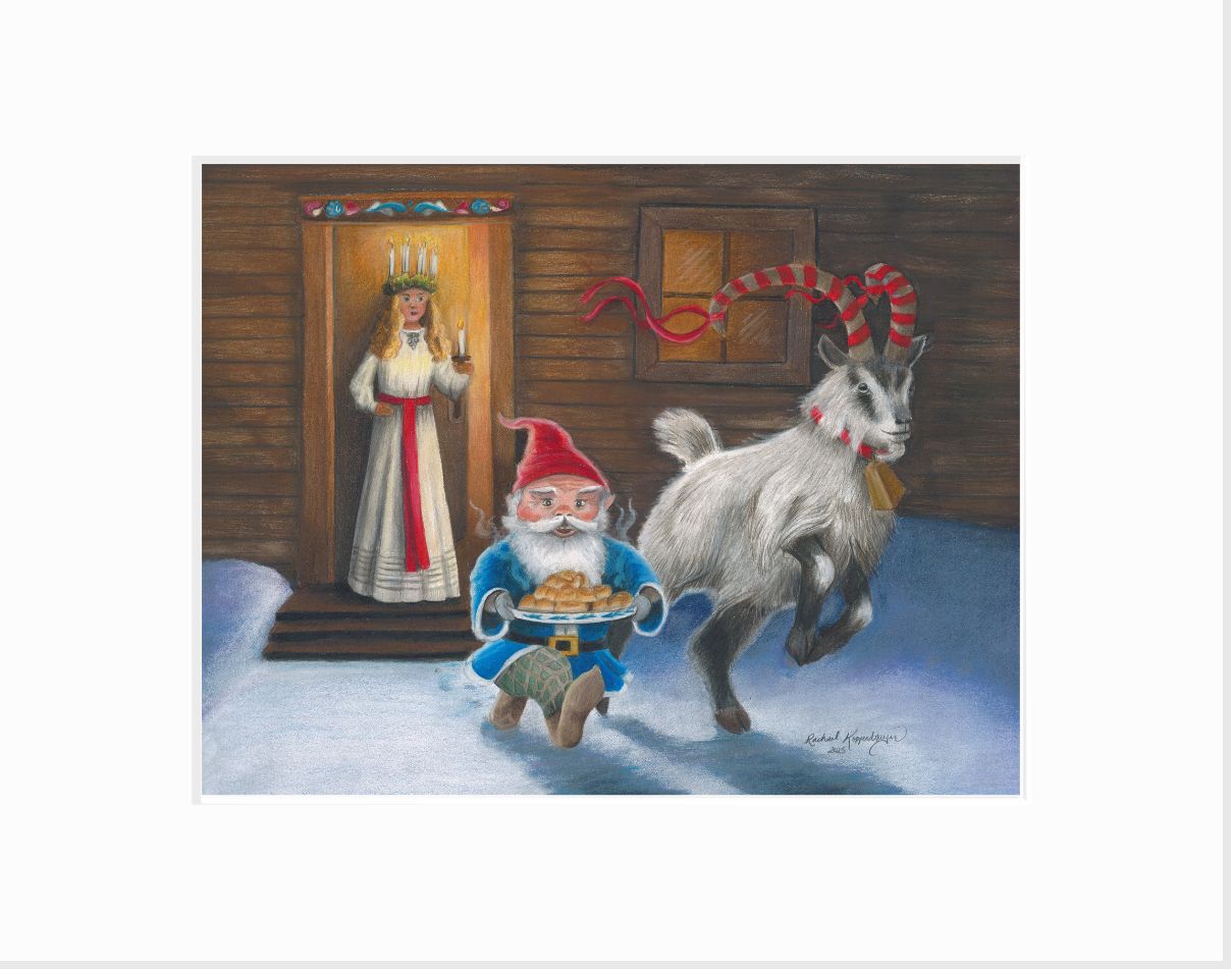 Giclee print of Tomte and Yule Goat stealing buns from St Lucia