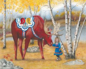 little Sami girl pets the nose of a red Dala Moose in an autumn birch forest