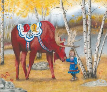 little Sami girl pets the nose of a red Dala Moose in an autumn birch forest