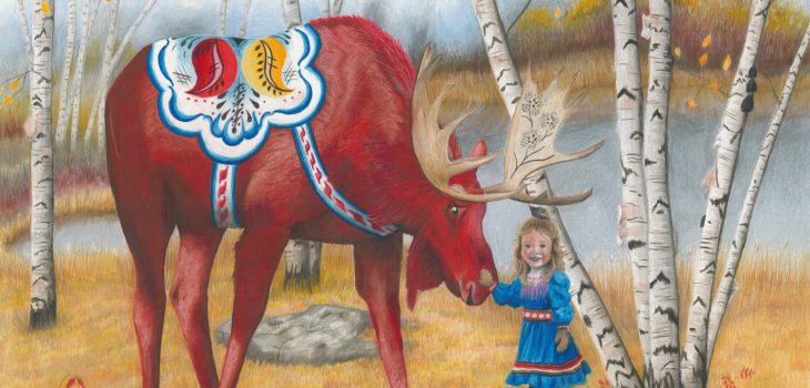 little Sami girl pets the nose of a red Dala Moose in an autumn birch forest