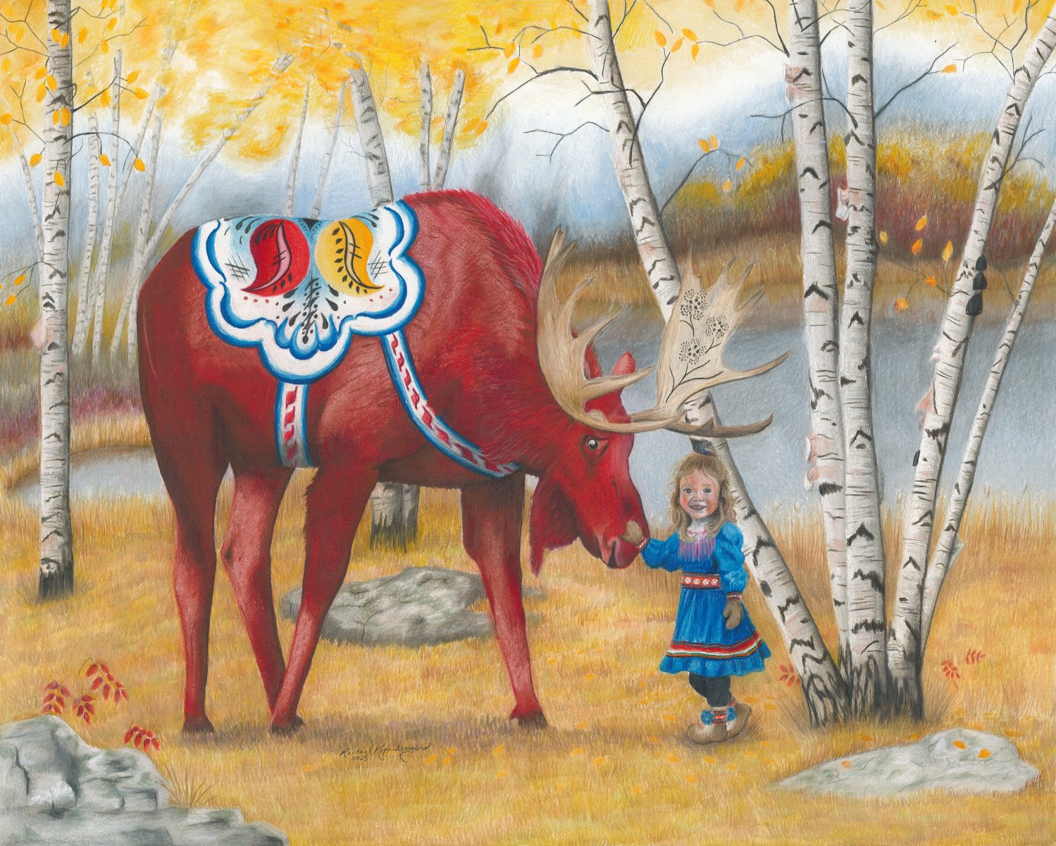 little Sami girl pets the nose of a red Dala Moose in an autumn birch forest