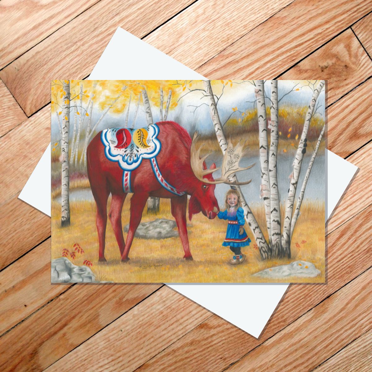 Greeting card of a Sami girl petting a Swedish Dala Moose in an autumn setting