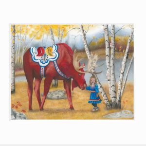 Giclee print of a little Sami girl petting a Swedish Dala Moose in an autumn setting