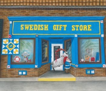 A Tomte and the Yule Goat go window shopping at the Swedish Gift Store in Lindstrom, MN