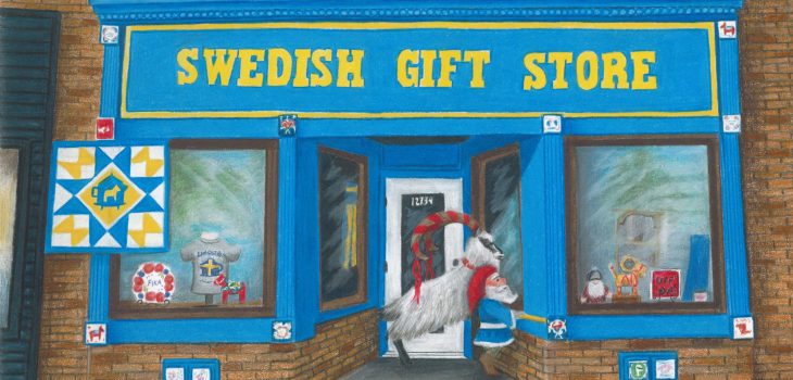 A Tomte and the Yule Goat go window shopping at the Swedish Gift Store in Lindstrom, MN
