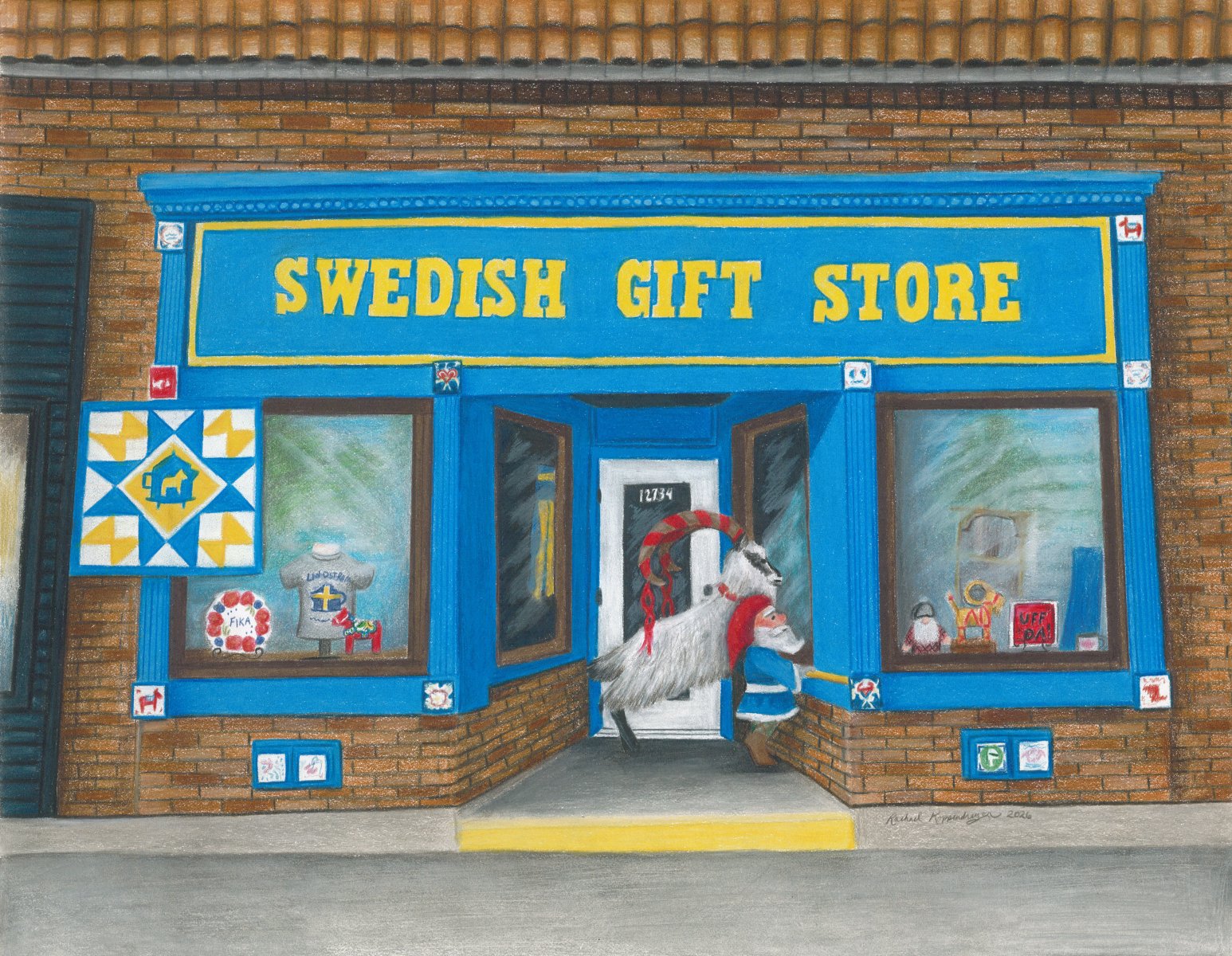 A Tomte and the Yule Goat go window shopping at the Swedish Gift Store in Lindstrom, MN