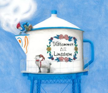 A tomte attempts to dip coffee out of the steaming spout of the Lindstrom water tower