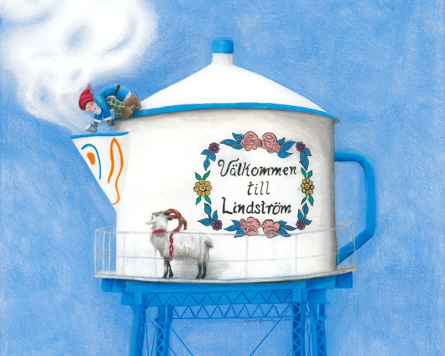 A tomte attempts to dip coffee out of the steaming spout of the Lindstrom water tower