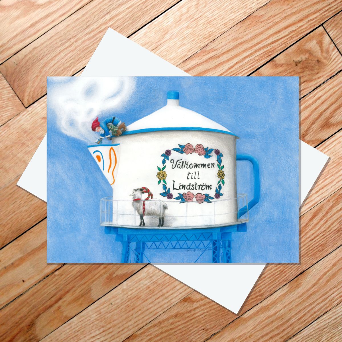 Greeting card of a tomte trying to scoop coffee out of the spout of Lindstrom's water tower