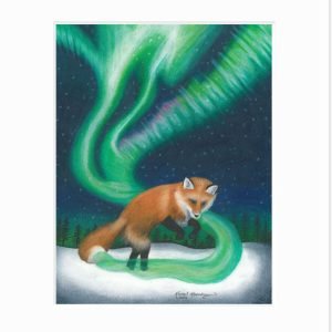 Giclee print of a red fox chasing its tail as the Northern Lights flows out of it