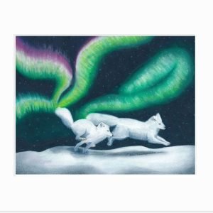 Giclee print of two arctic foxes racing across the snow as their tails spark the Northern Lights